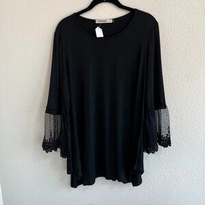 Origami by Vivien Women's 3/4 Sleeve Black Blouse with Lace Sleeves, SZ XL